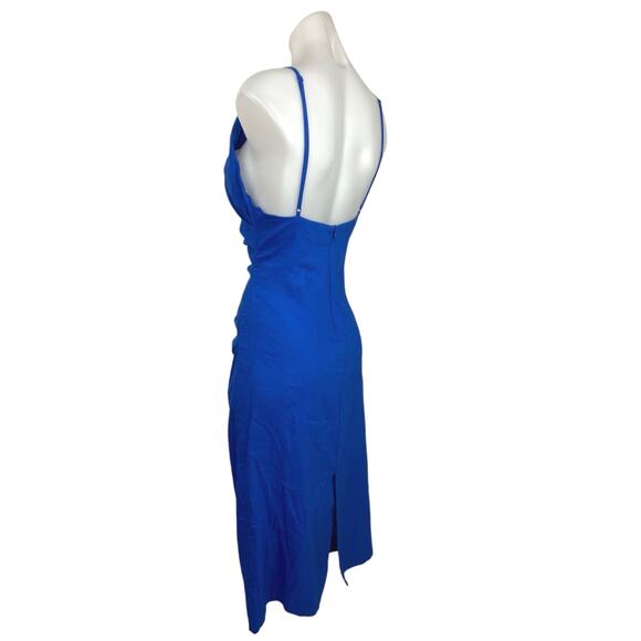 Zara Blue Sleeveless Halter Ruched Pencil Bodycon Midi Formal Cocktail Dress L - Picture 2 of 7